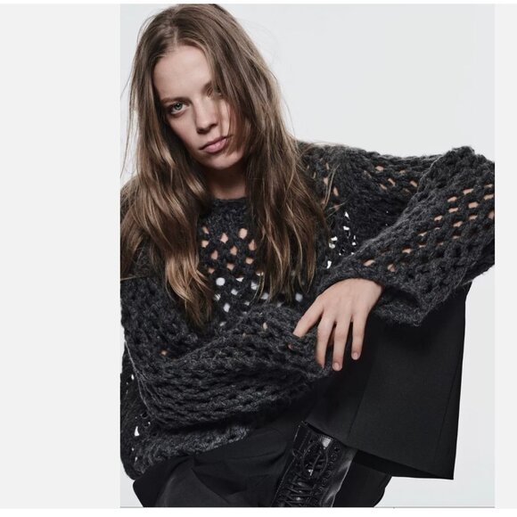 NWT ZARA GREY OPEN KNIT SWEATER WITH VENT - Picture 2 of 8